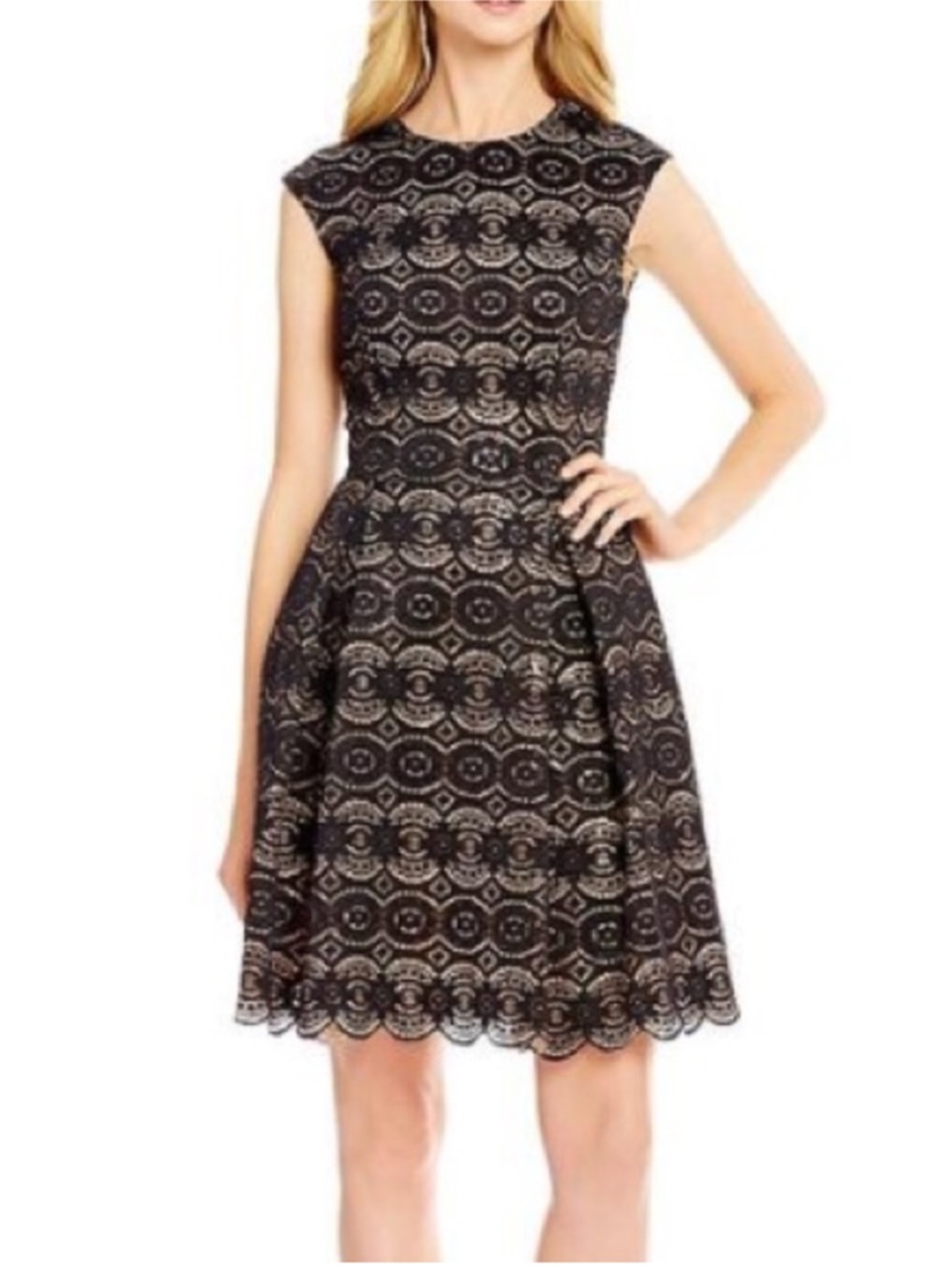 Vince Camuto Black Lace and Gold Sequin Dress Scalloped Bottom Size 12